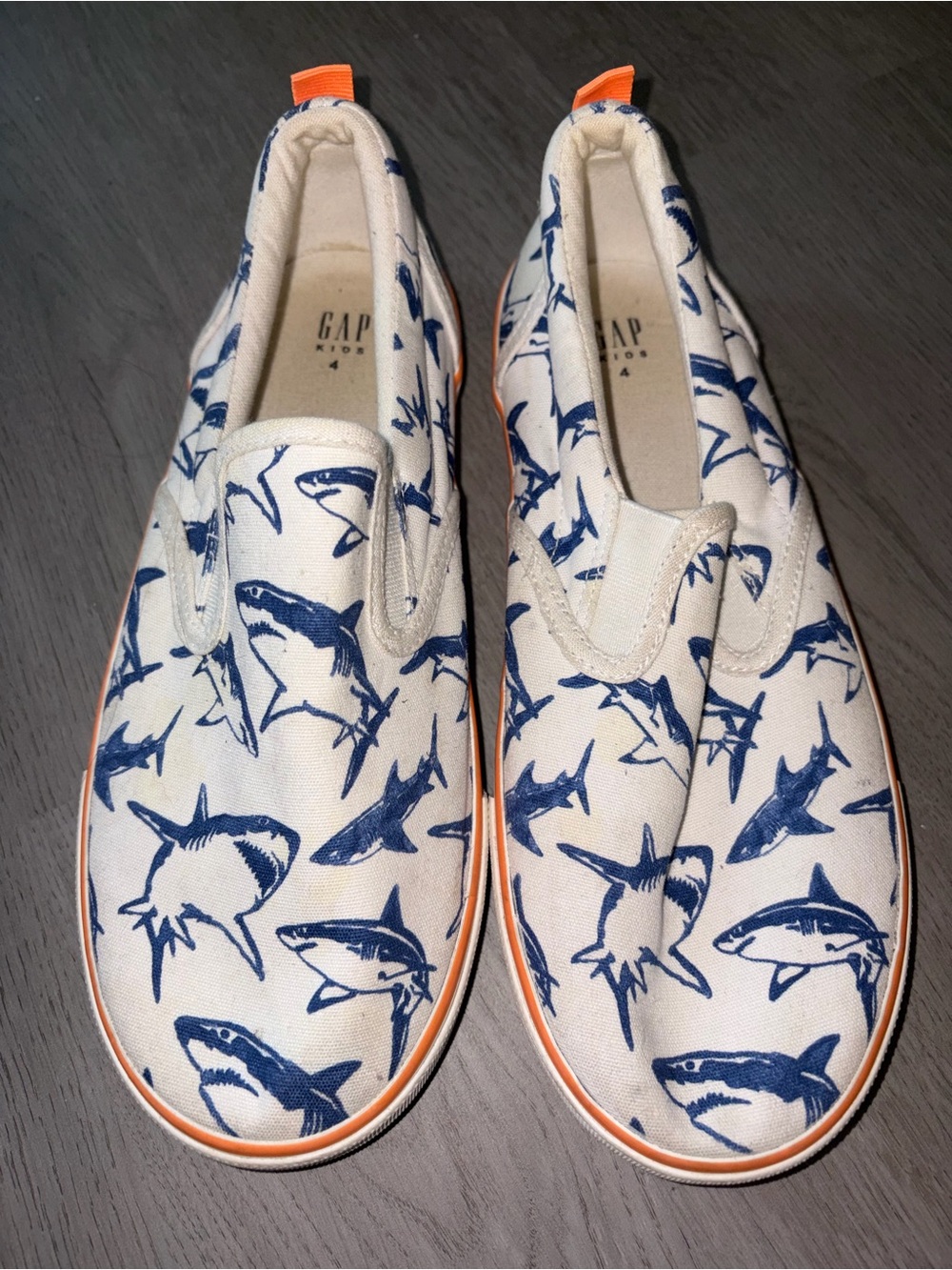 GAP White Canvas Slip-On Sneakers with Blue Shark Print and Orange Trim